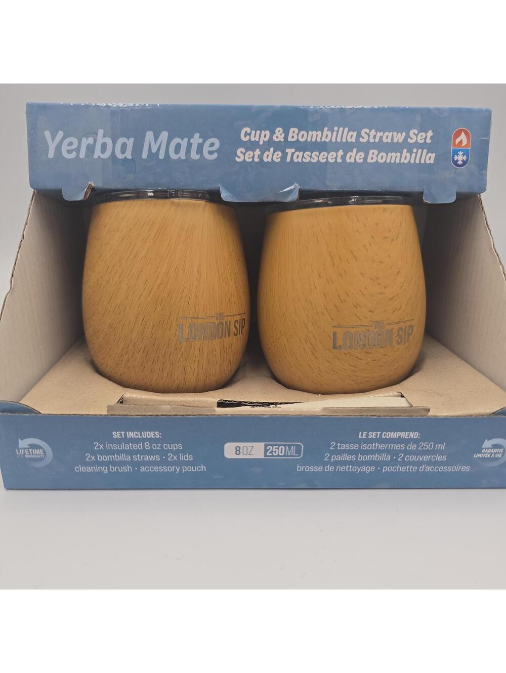 London Sip Yerba Mate Cup & Bombilla Straw Set 8oz Insulated Cups Wood Grain New